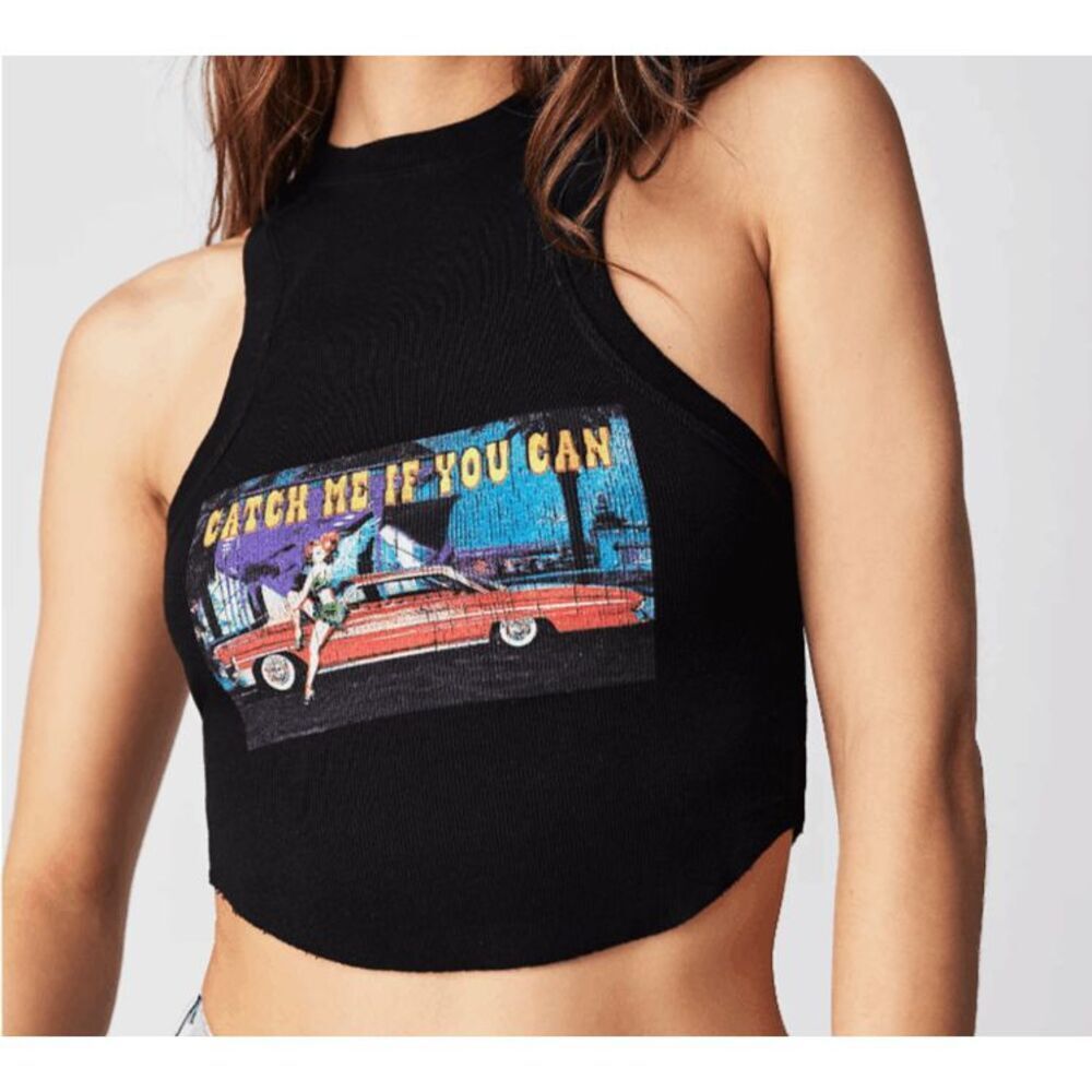 Boys Lie Heart Racer Tank Catch Me If You Can Ribbed Graphic Crop Black One Size